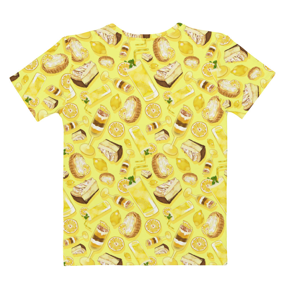 Bright and cheerful Lemon T-shirt featuring a fun pattern of lemons and desserts, perfect for sunny days.