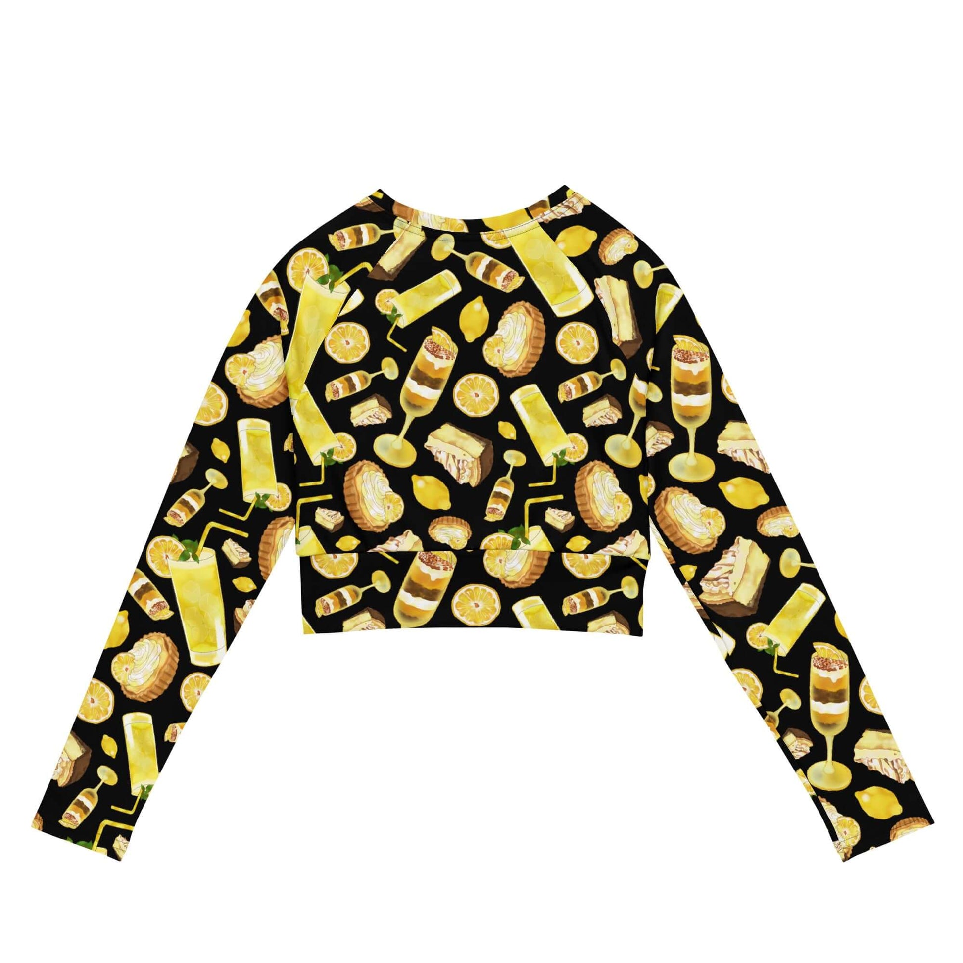 Eco-friendly Lemon Long-sleeved Crop Top featuring a vibrant fruit pattern, perfect for athleisure and sports.