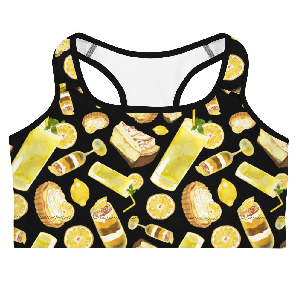 Bright and vibrant Lemon Sports bra, perfect for workouts, featuring a fun lemon print for a sweet touch.