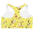 Bright yellow Lemon Sports bra with fun lemon patterns, perfect for stylish workouts and comfort during training.