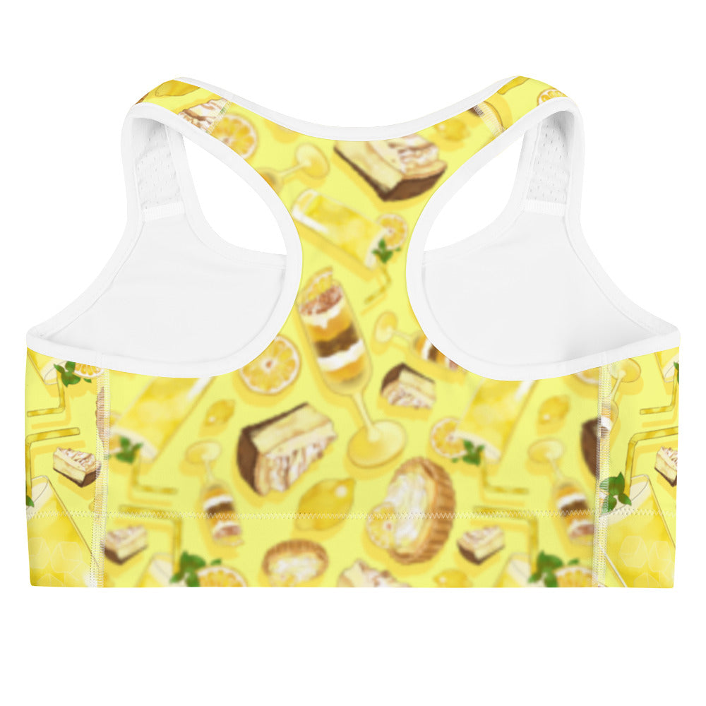 Bright yellow Lemon Sports bra with fun lemon patterns, perfect for stylish workouts and comfort during training.