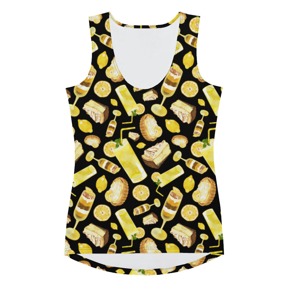 Bright yellow Lemon Tank Top with dessert-inspired print, perfect for workouts. Enjoy a sweet style while you train!