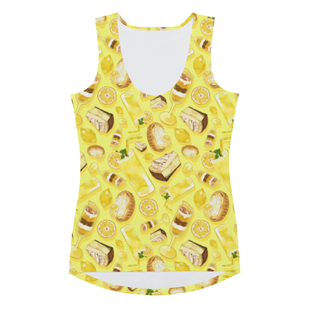Bright yellow Lemon Tank Top featuring fun lemon patterns, perfect for workouts or casual wear. Order one size down!