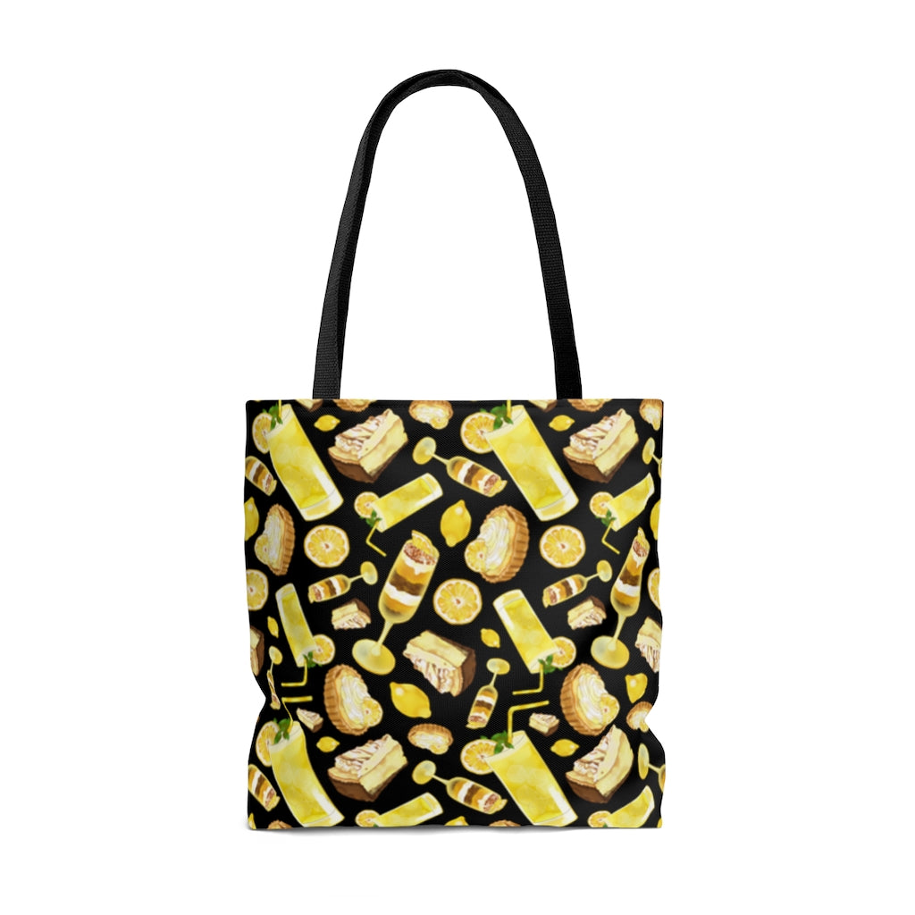 Stylish Lemon Tote Bag (Black) with a vibrant lemon pattern, perfect for any casual outing or shopping trip.
