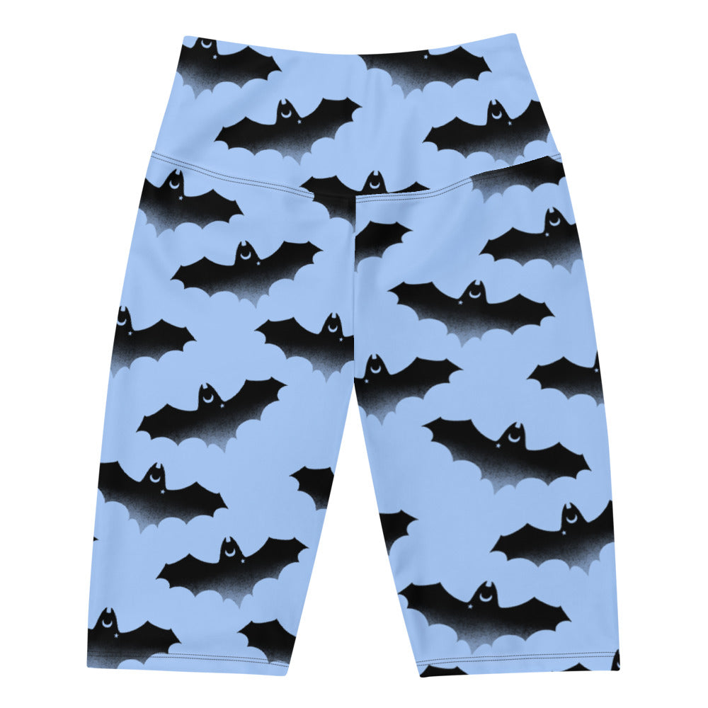 High-waisted Lilith Biker Shorts featuring a cool bat pattern, perfect for stylish mobility and mixing outfits.