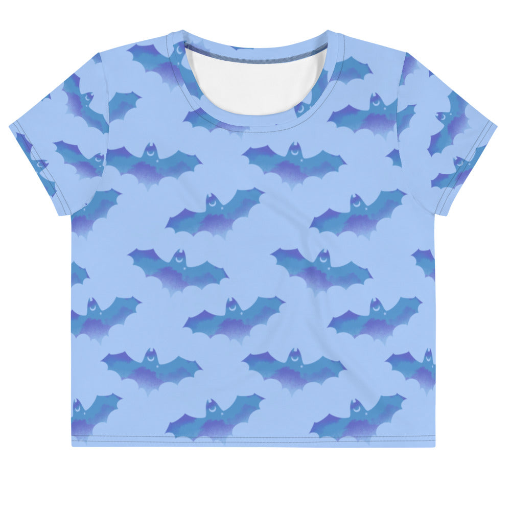 Lilith Crop Top featuring a playful bat print, perfect for gym sessions or as a versatile wardrobe staple.