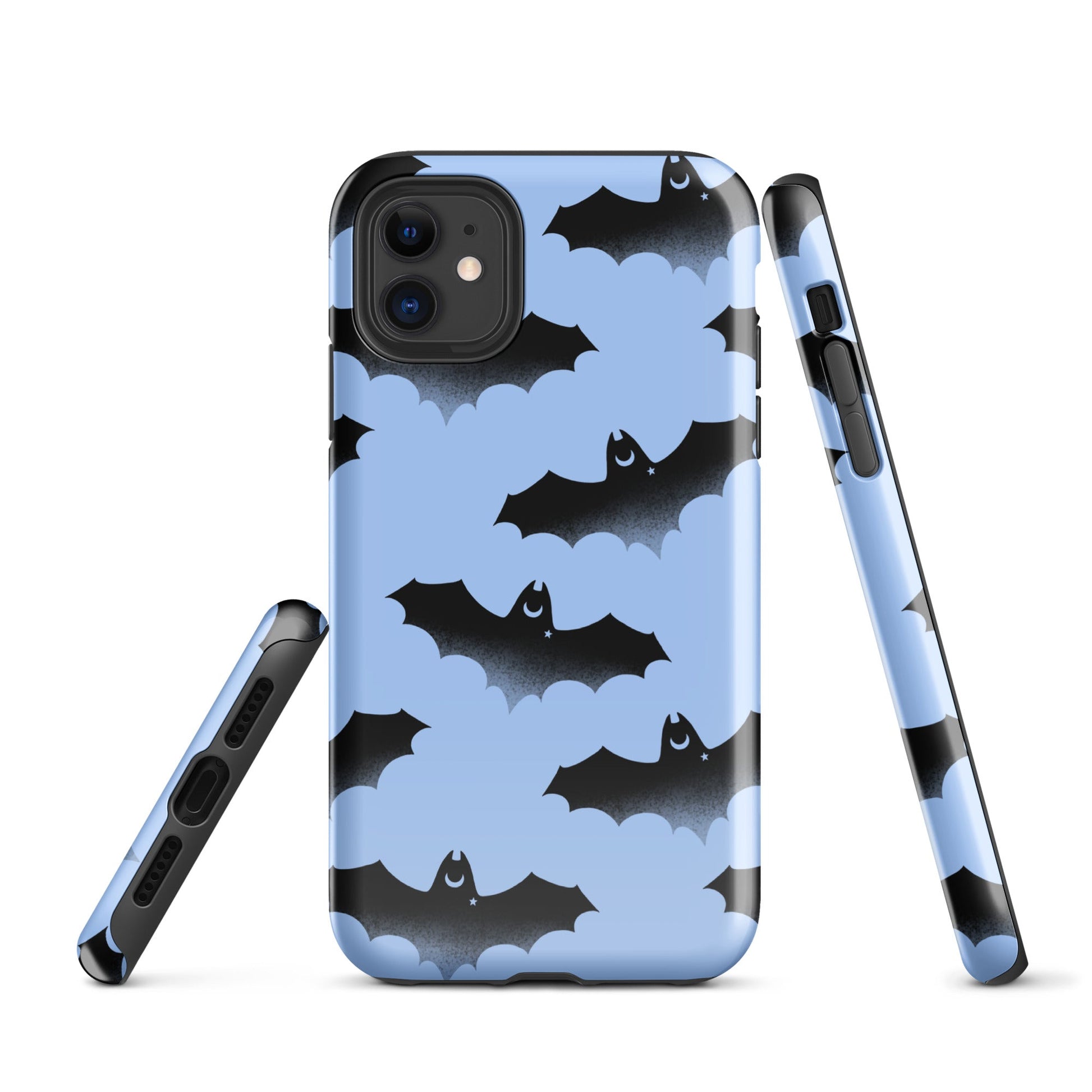 Stylish Lilith iPhone® Tough Case featuring bats on a blue background for stylish protection all year round.
