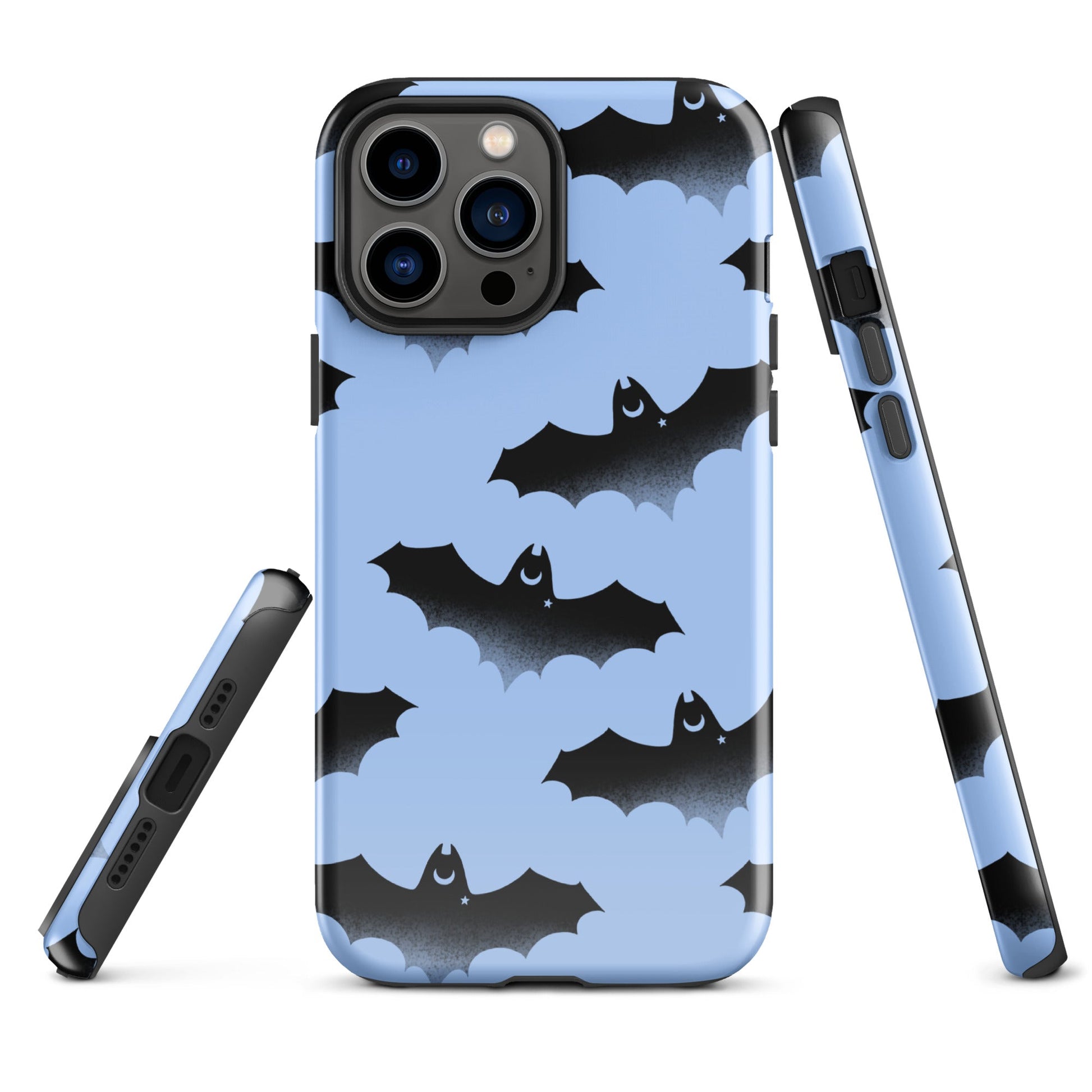 Stylish Lilith iPhone® Tough Case featuring bats on a blue background, combining durability with trendy design.