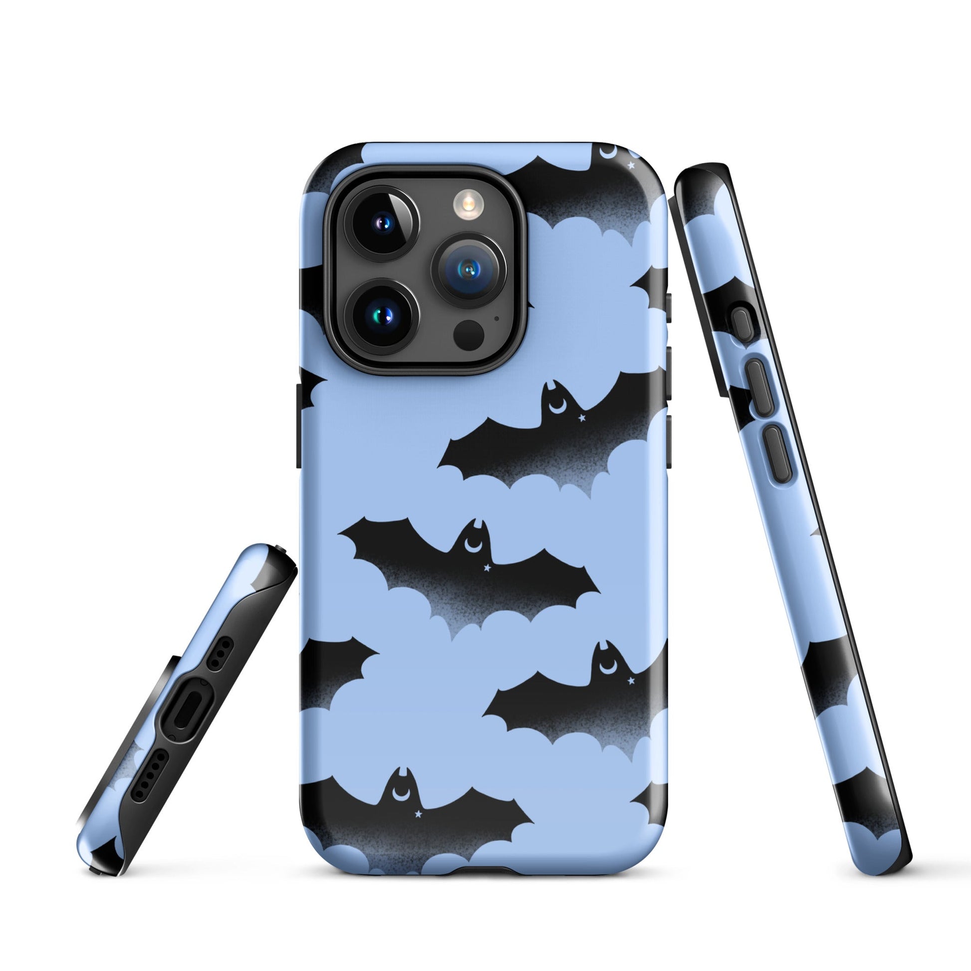 Stylish Lilith iPhone® Tough Case featuring black bats on a blue background, perfect for protection and flair.