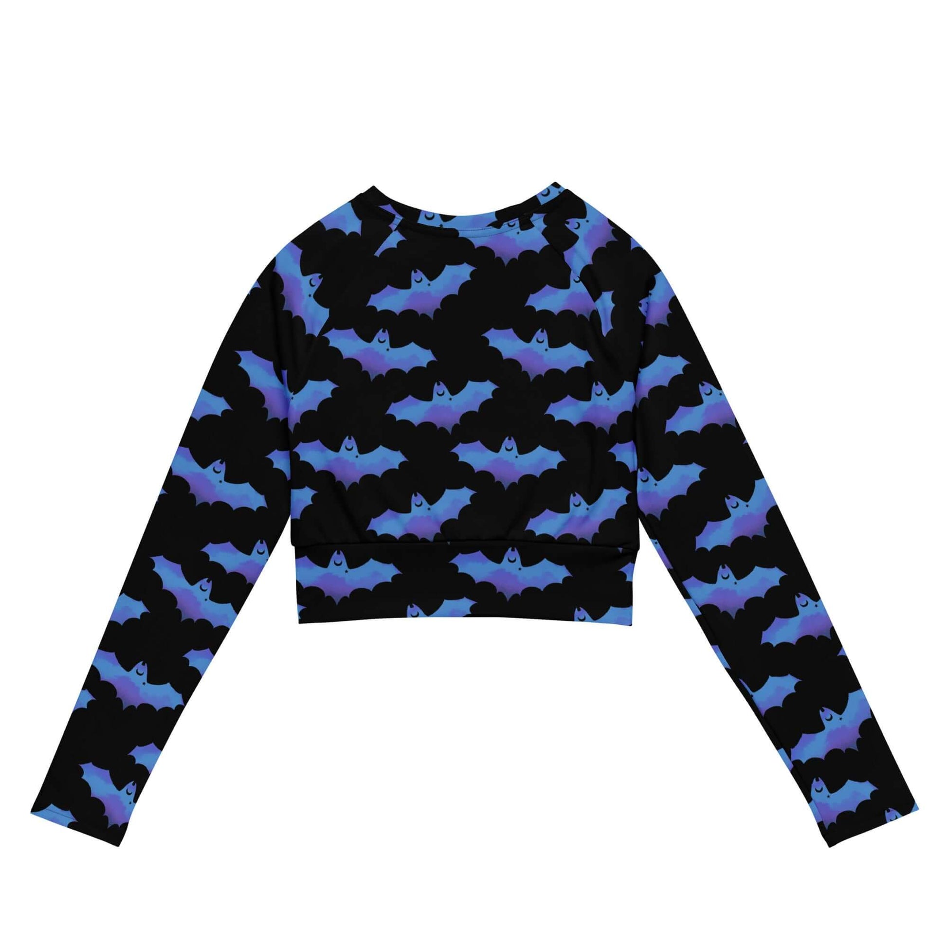 Lilith Long-sleeved Crop Top features a stylish bat pattern, perfect for eco-friendly athleisure wear.