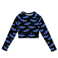 Lilith Long-sleeved Crop Top features a stylish bat print, eco-friendly fabric, and a comfortable fit for athleisure wear.