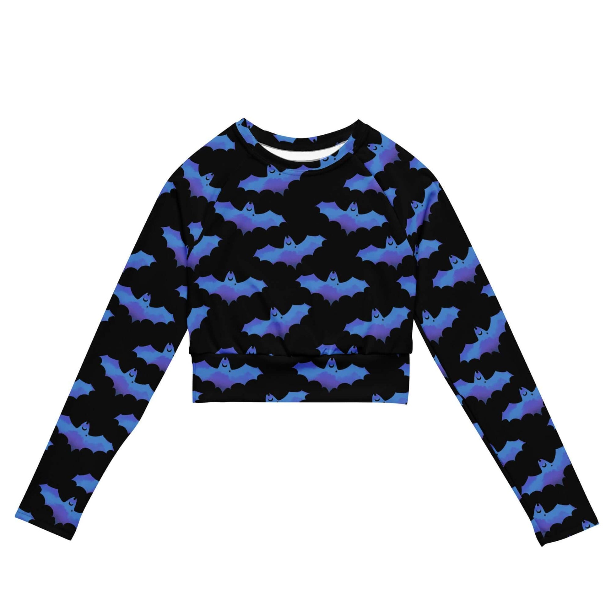Lilith Long-sleeved Crop Top features a stylish bat print, eco-friendly fabric, and a comfortable fit for athleisure wear.