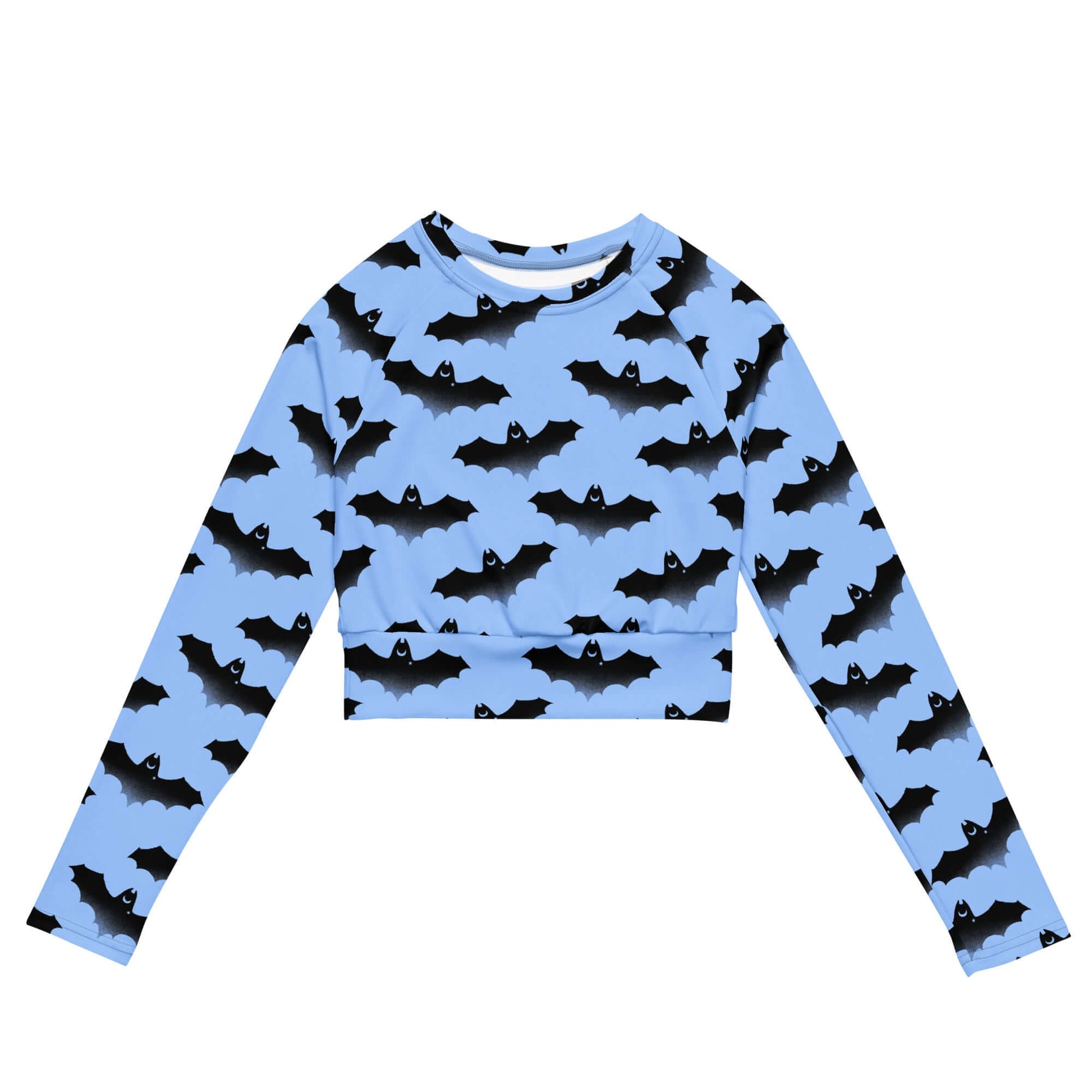 Lilith Long-sleeved Crop Top in blue with bat print, perfect for eco-friendly athleisure or sports wear.