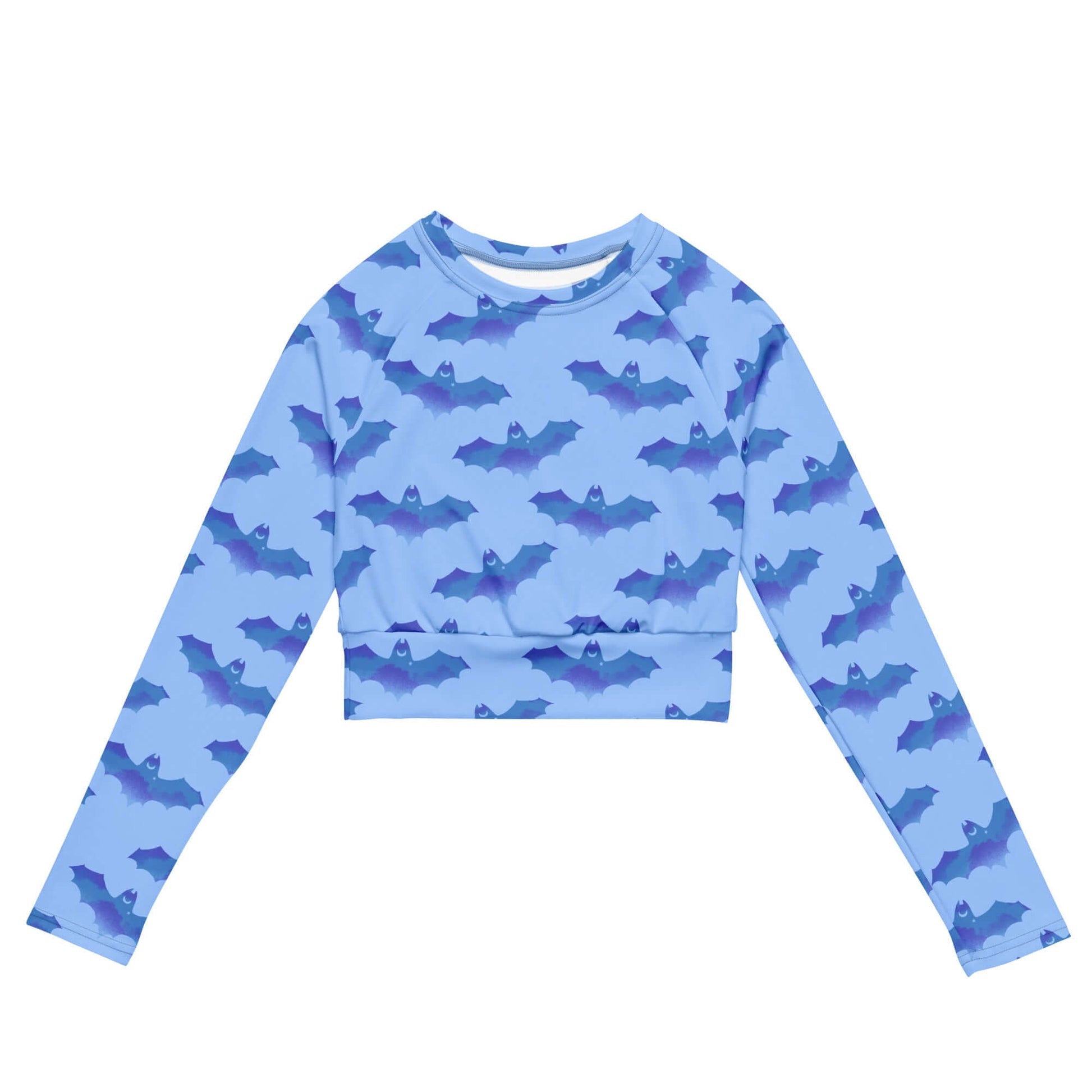 Lilith Long-sleeved Crop Top in blue bat print, eco-friendly fabric perfect for sports and athleisure wear.