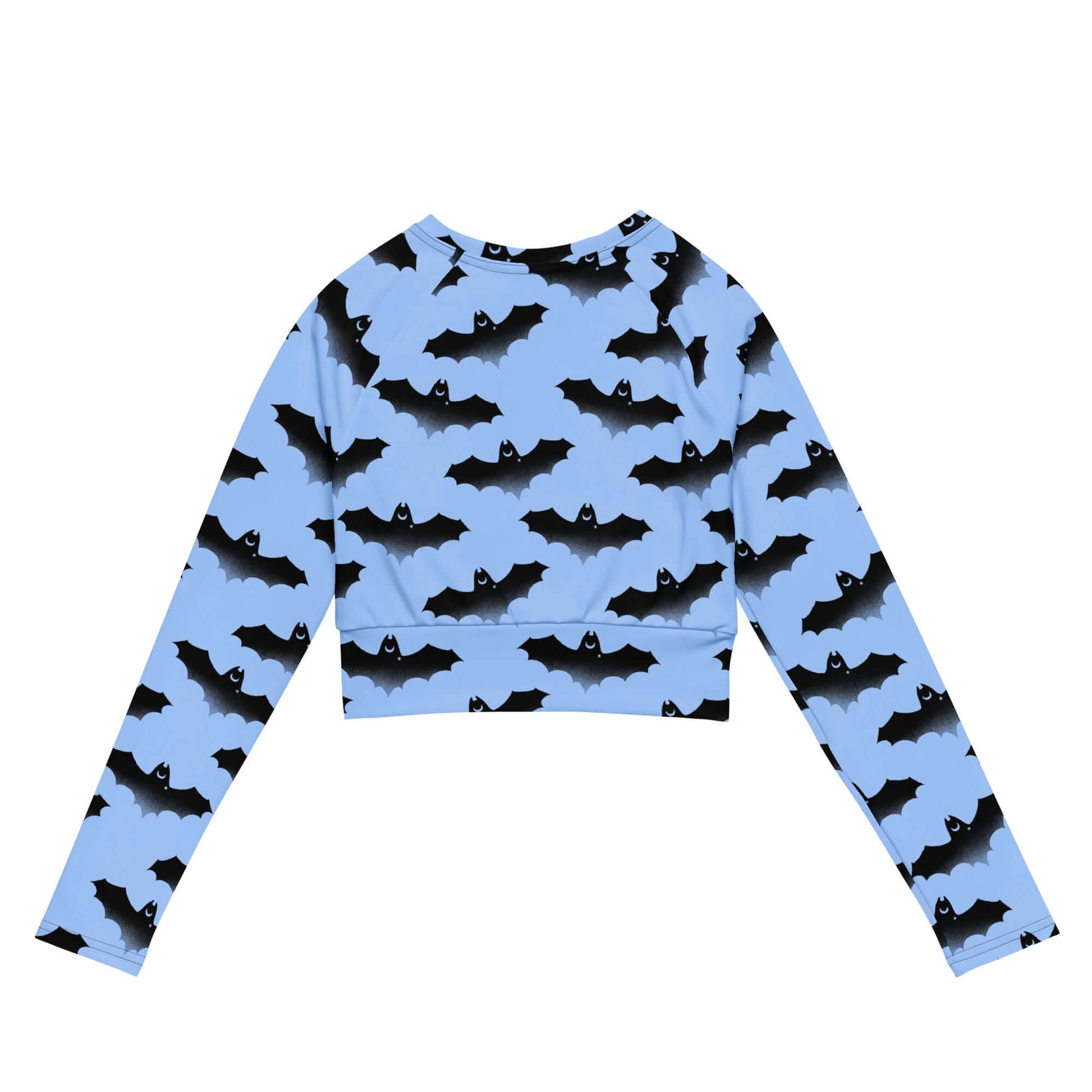 Stylish Lilith Long-sleeved Crop Top featuring a unique bat print, perfect for eco-friendly athleisure and sportswear.
