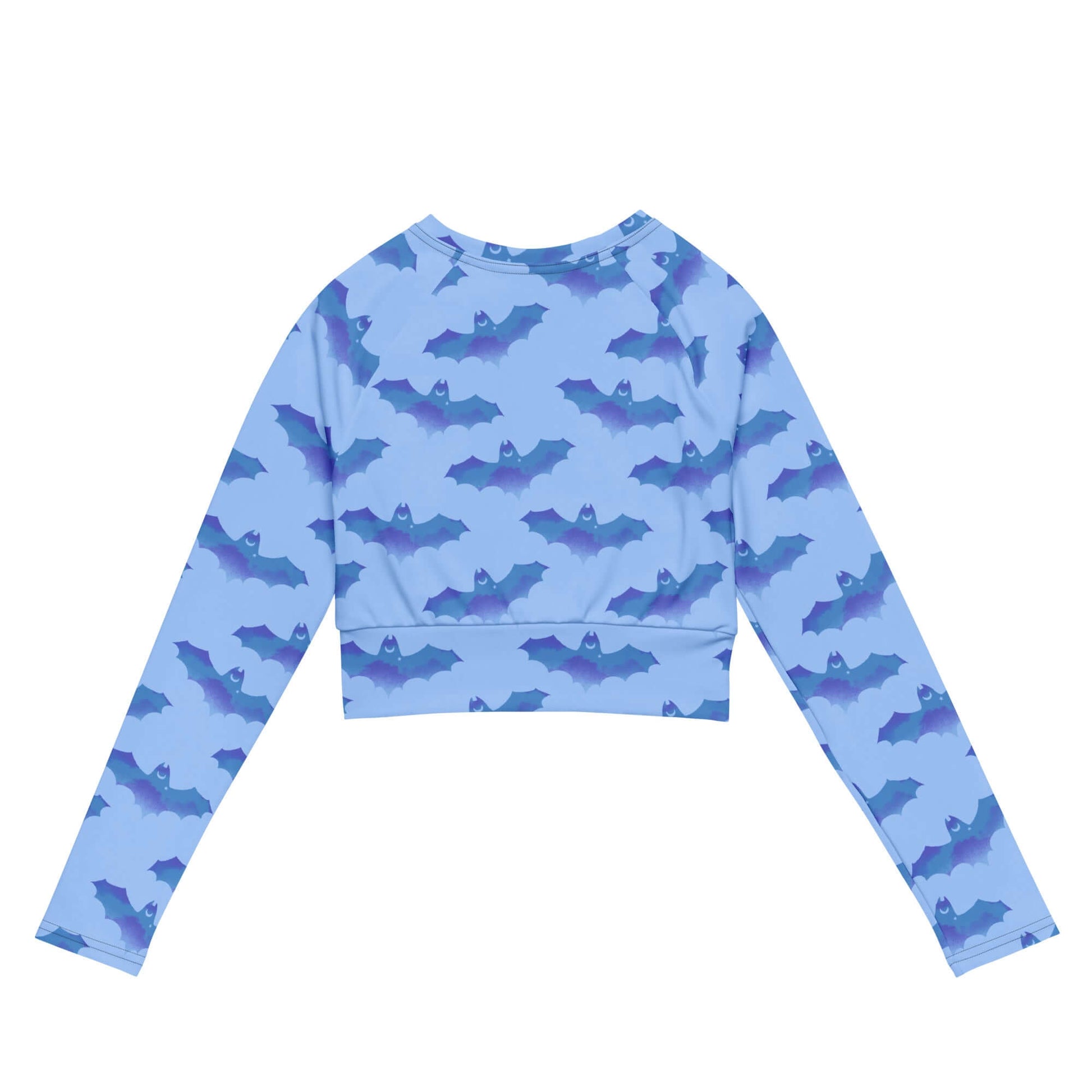 Eco-friendly Lilith Long-sleeved Crop Top features a stylish bat print, perfect for sports and athleisure wear.