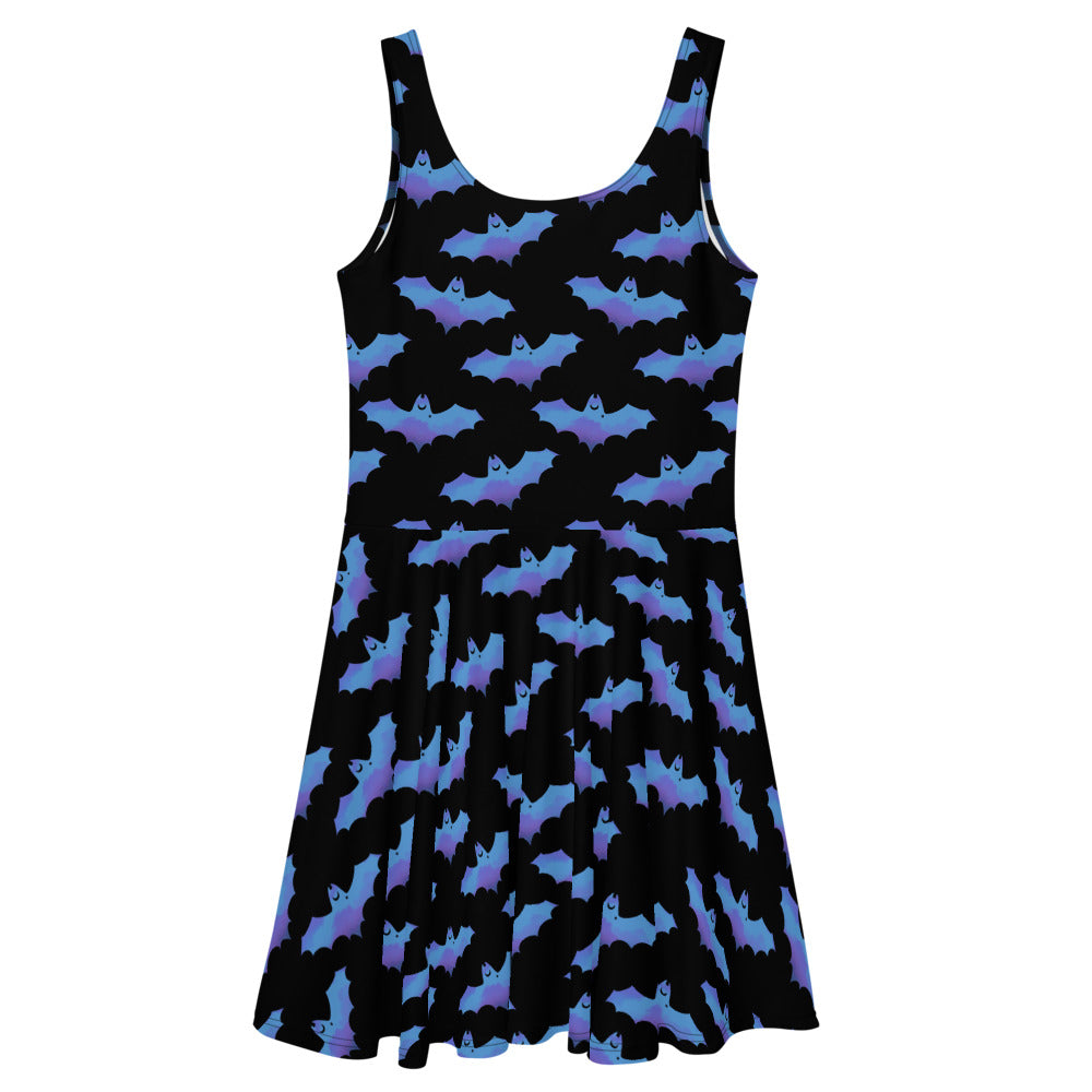 Lilith Skater Dress featuring a playful bat print, perfect for sunny days and a stylish twist on gothic fashion.