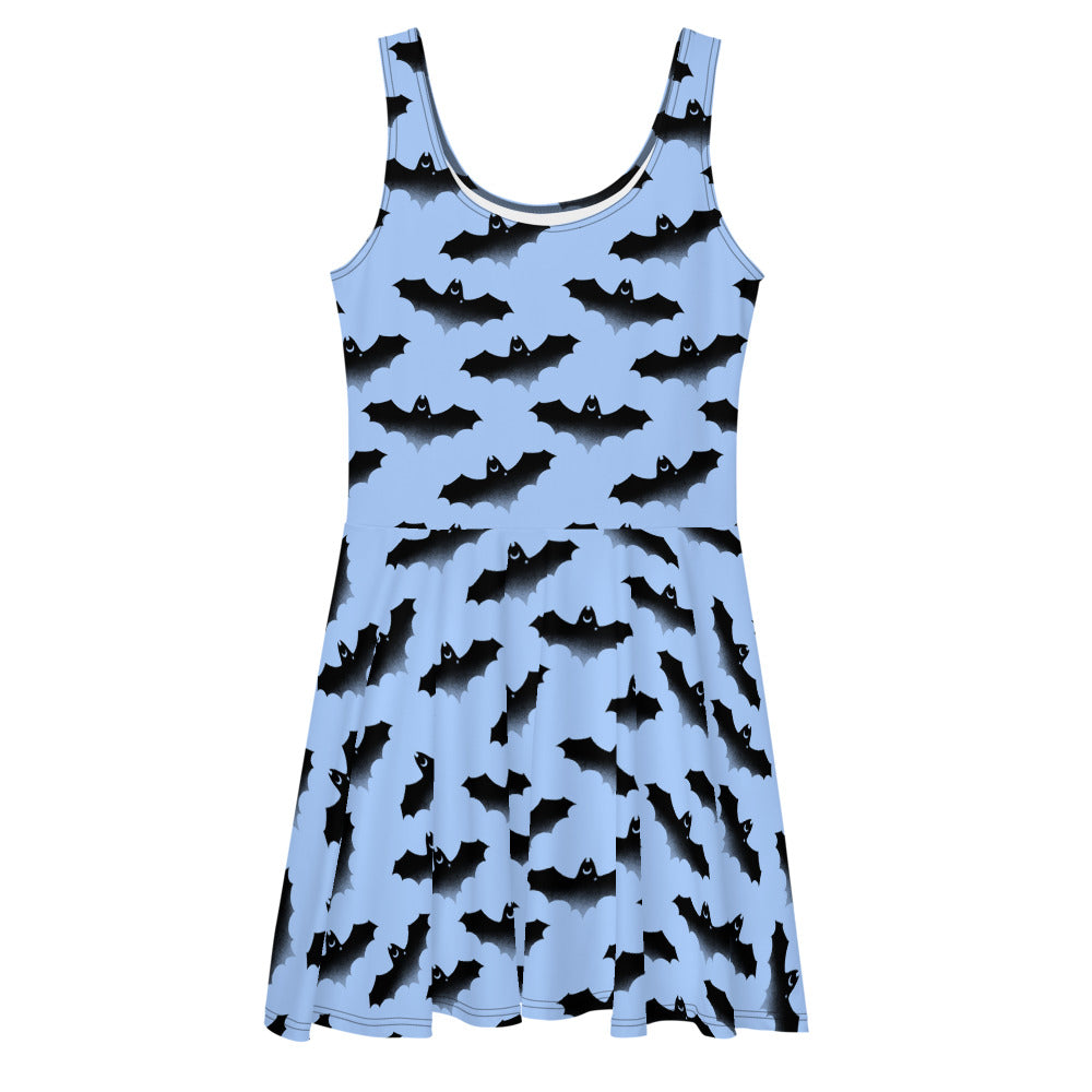 Cute Lilith Skater Dress featuring a playful bat print, perfect for sunny outings and stylish summer looks.