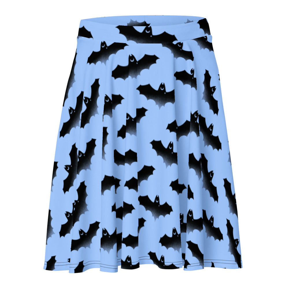 Stylish Lilith Skater Skirt featuring a fun bat print, perfect for sunny days and flattering on all body types.