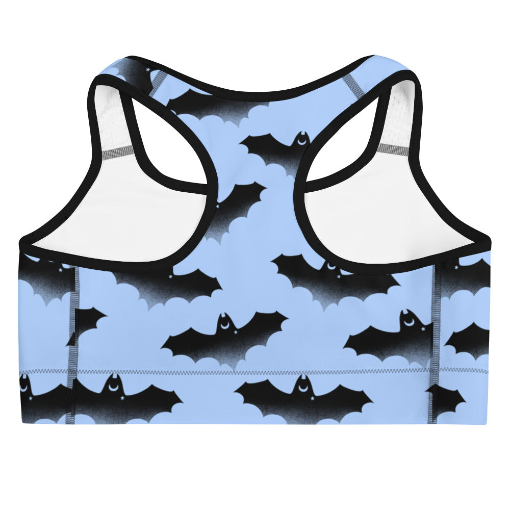 Lilith Sports bra in blue with bat design, offering stylish support for your workout needs. Perfect for gym motivation.