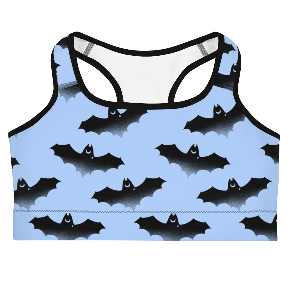 Stylish Lilith Sports bra features a vibrant bat design, offering comfort and support for your workouts.