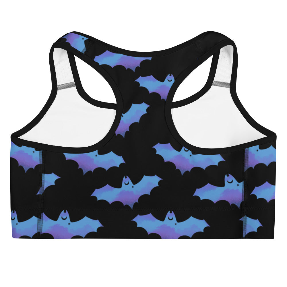 Lilith Sports bra features a playful bat print, combining comfort and style for your gym motivation.