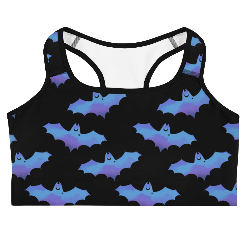Lilith Sports bra featuring a fun bat design, perfect for stylish workouts and motivation at the gym.