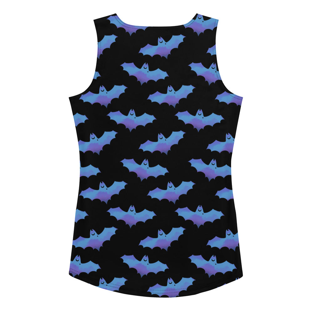 Stylish Lilith Tank Top featuring a bat pattern, perfect for sunny weather and body-hugging comfort.