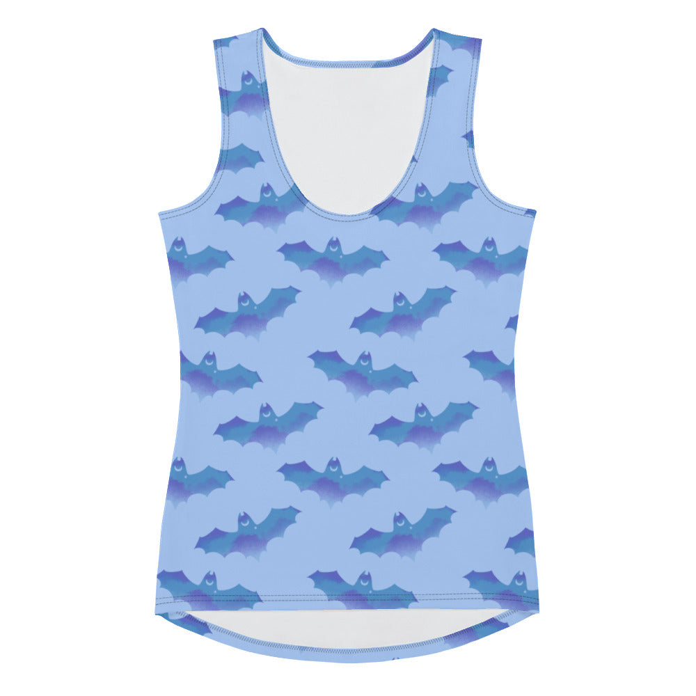 Stylish Lilith Tank Top featuring a fun bat print, perfect for sunny days and a body-hugging fit.