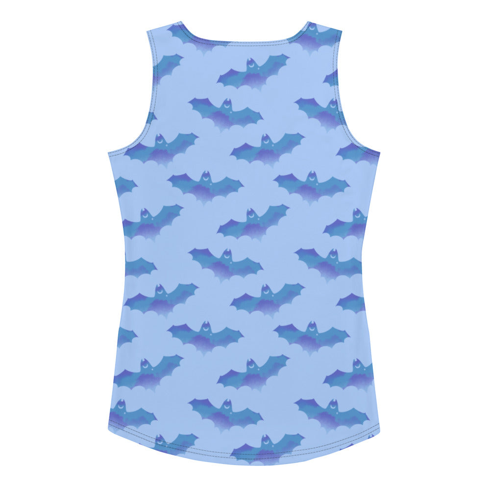 Adorable Lilith Tank Top featuring a bat pattern, perfect for sunny days and a flattering fit. Ideal for bat lovers!