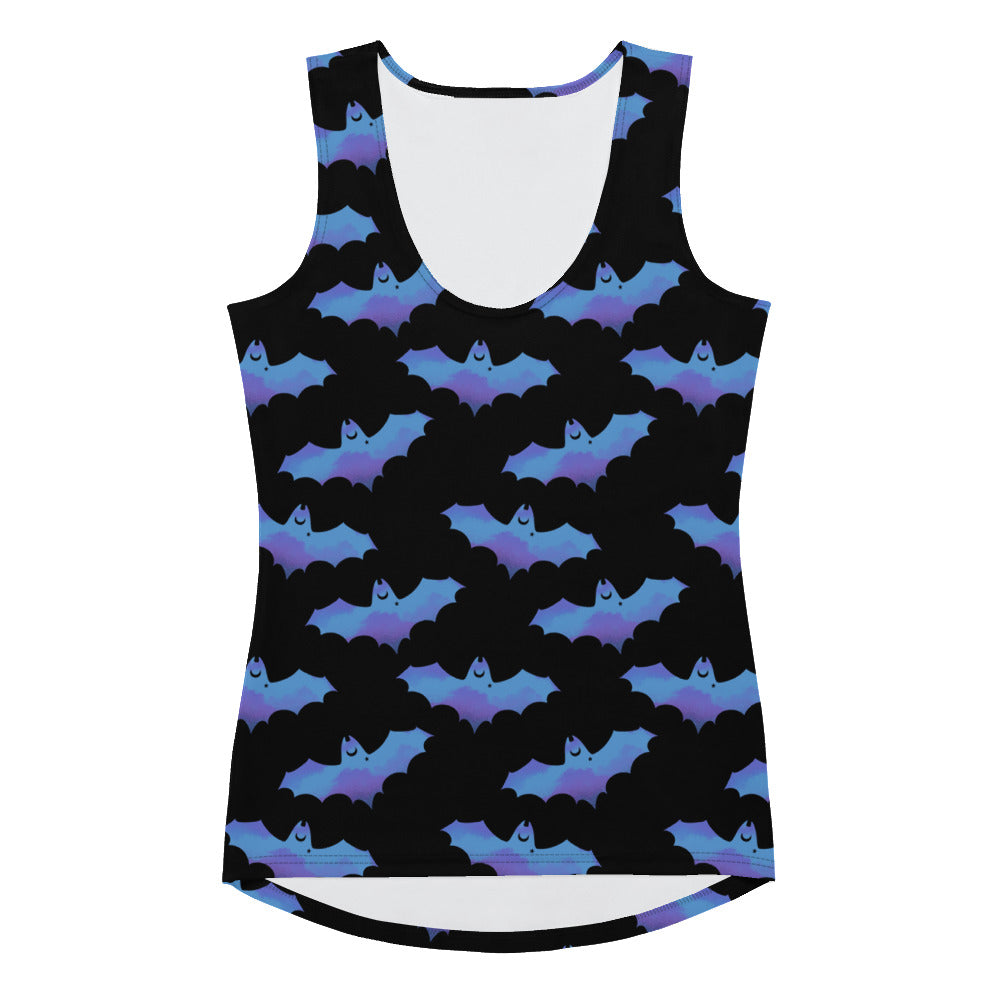 Stylish Lilith Tank Top featuring a playful bat design, perfect for sunny days. Made from 82% polyester, 18% spandex.