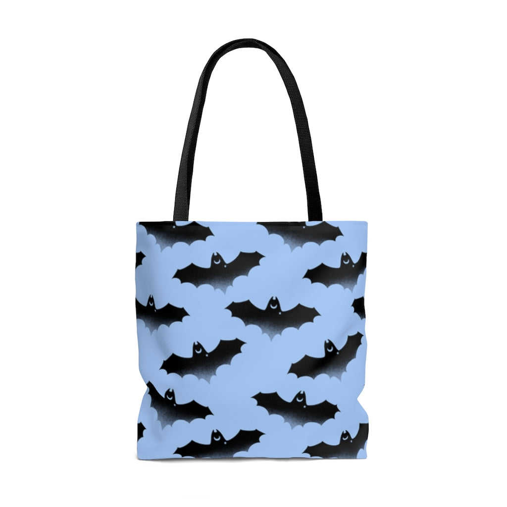 Stylish Lilith Tote Bag (Black/Blue) with a unique bat design, perfect for any casual outing or gym trip.