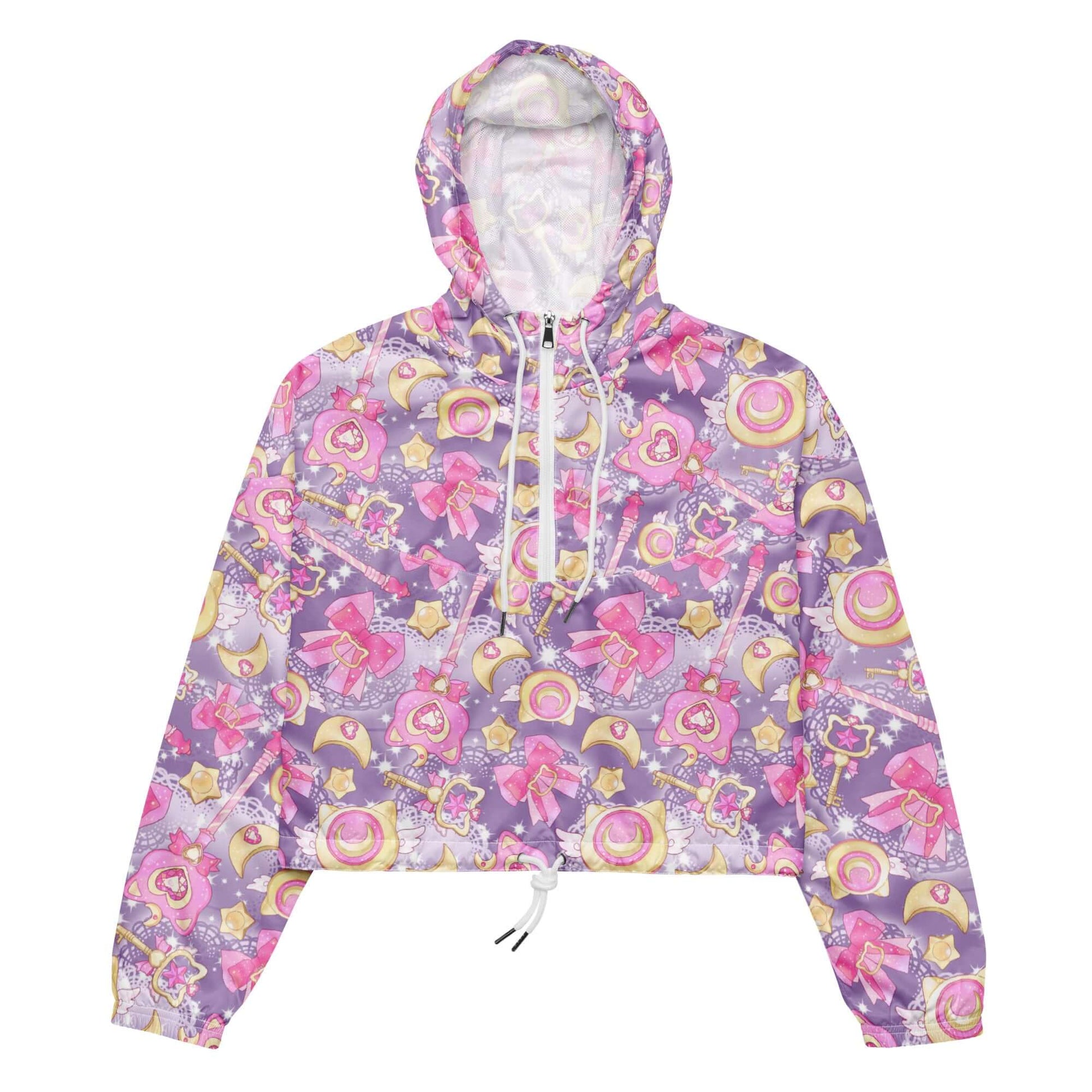 Lightweight and waterproof, the Magical Girl cropped windbreaker features fun patterns and adjustable drawcords for style.