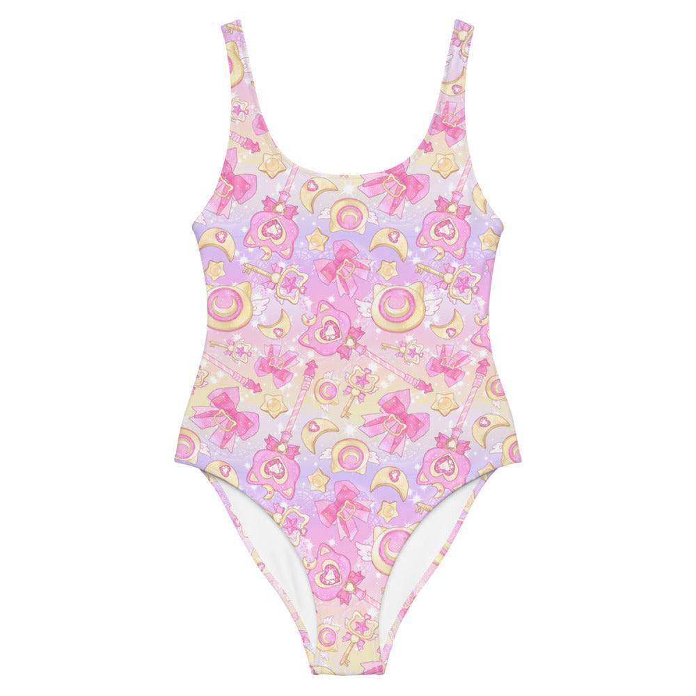 Pastel Magical Girl One-Piece Swimsuit featuring cute designs, perfect for summer fun and beach adventures.