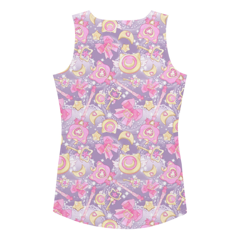 Colorful Magical Girl Tank Top featuring whimsical designs, perfect for showing strength and style. Order one size down!