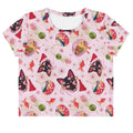 Matsuri Crop Top featuring pink blossoms, goldfish, and dango motifs, perfect for spring and summer outfits.