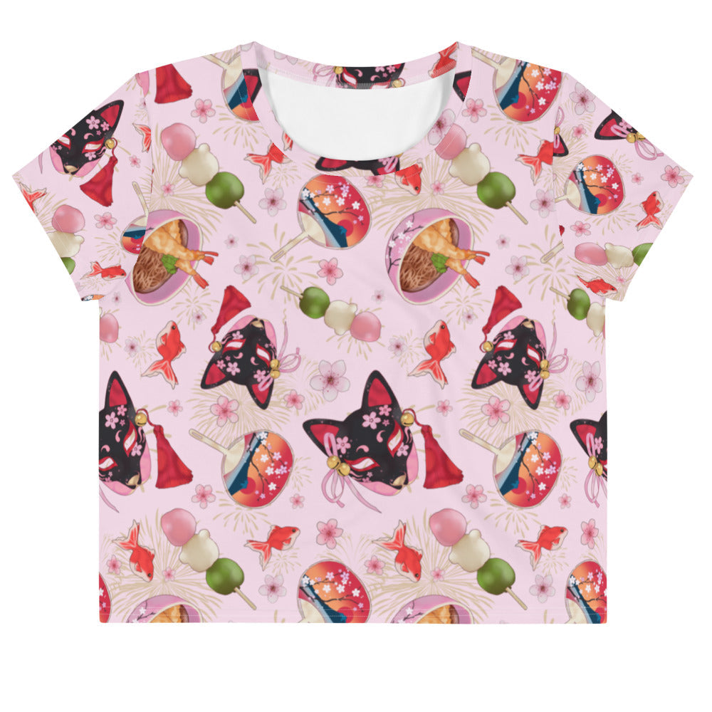 Matsuri Crop Top featuring pink blossoms, goldfish, and dango motifs, perfect for spring and summer outfits.