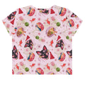 Cute Matsuri Crop Top featuring pink blossoms, goldfish, and dango motifs, perfect for spring and summer outfits.