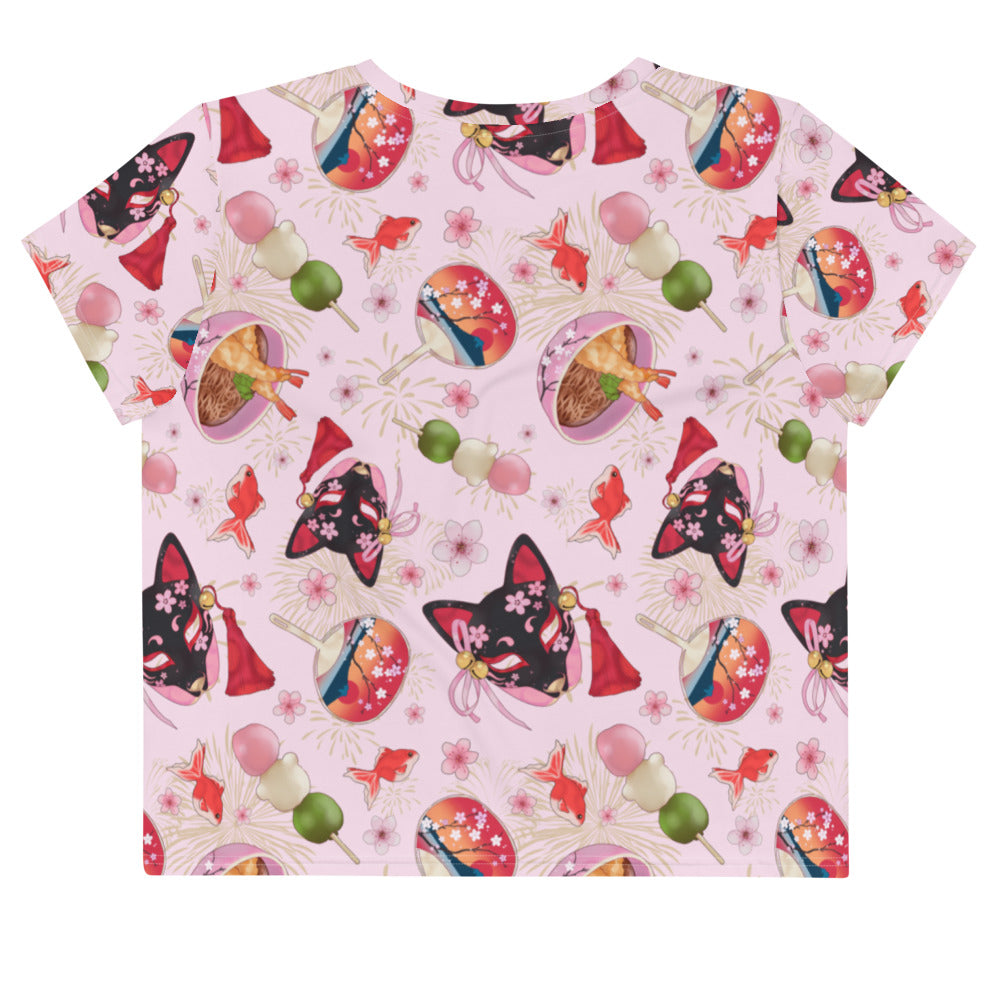 Cute Matsuri Crop Top featuring pink blossoms, goldfish, and dango motifs, perfect for spring and summer outfits.
