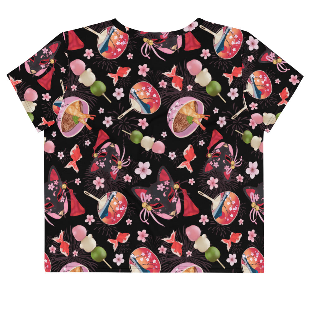 Matsuri Crop Top features vibrant dango and goldfish motifs, perfect for spring and summer outfits.