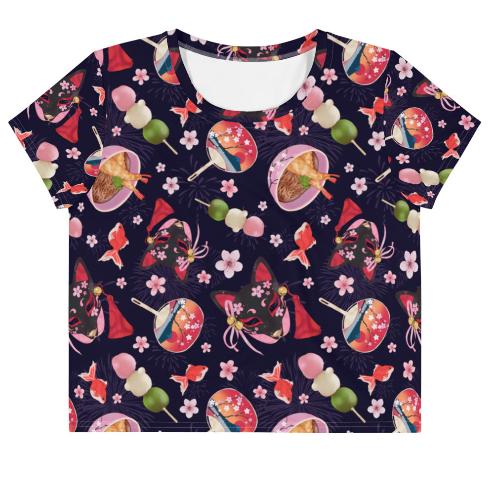 Matsuri Crop Top features vibrant motifs of goldfish, dango, and cherry blossoms—perfect for spring and summer outfits.