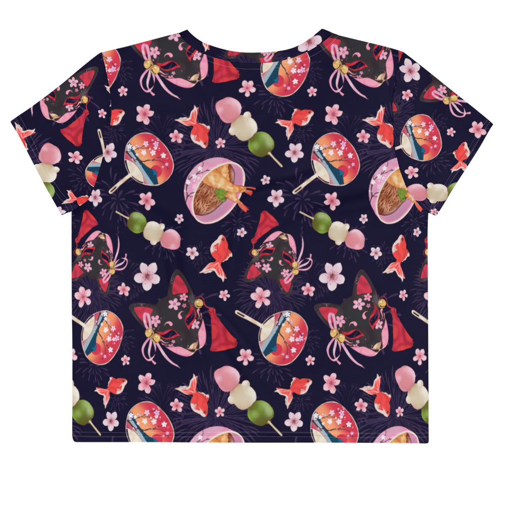 Matsuri Crop Top features a vibrant design with goldfish, dango, and blossoms, perfect for spring and summer outfits.