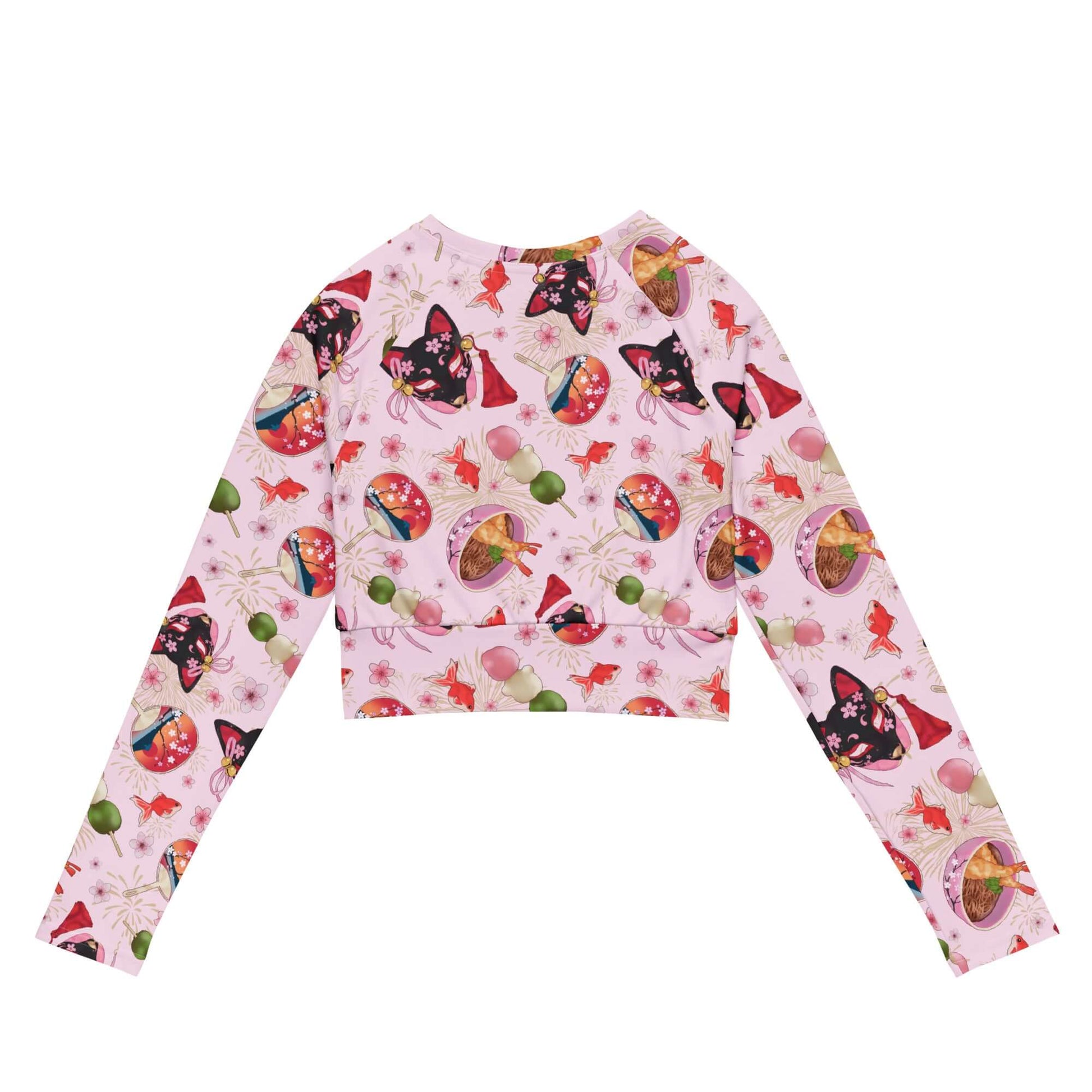 Matsuri Long-sleeved Crop Top features vibrant prints, perfect for eco-friendly athleisure and activewear.