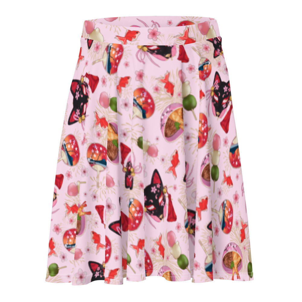 Flattering Matsuri Skater Skirt in pink, featuring vibrant patterns perfect for summer outings. Stay stylish and comfortable!