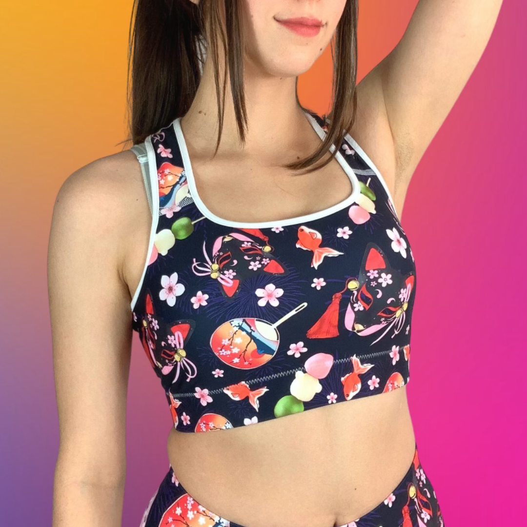 Stylish Matsuri Sports bra featuring vibrant Japanese festival designs, perfect for workouts at any intensity.