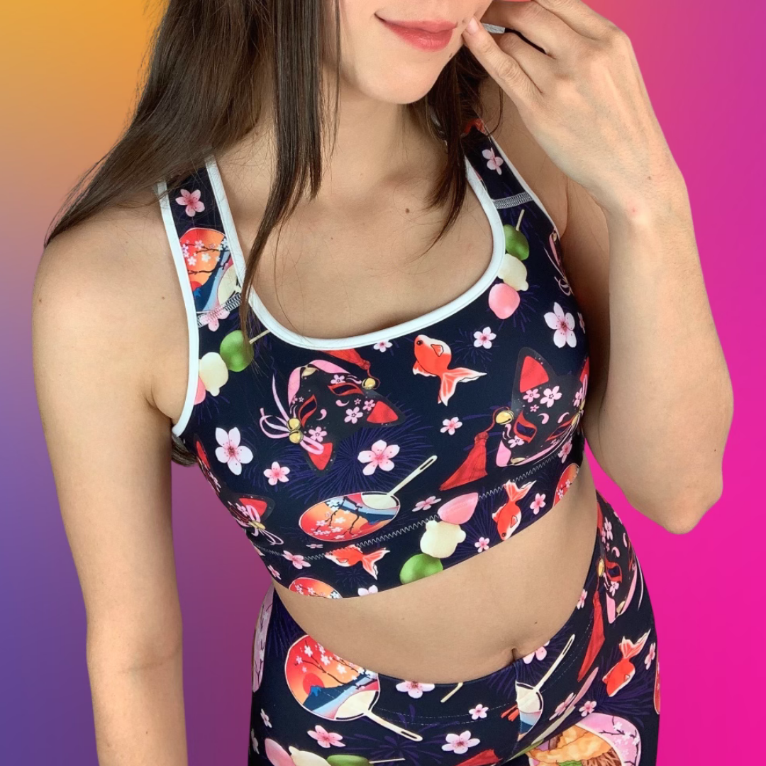 Matsuri Sports bra featuring vibrant festival designs, perfect for workouts while keeping you stylish and dry.