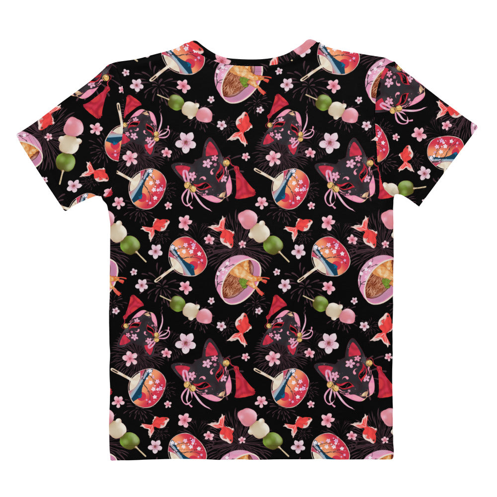 Matsuri T-shirt featuring vibrant dango, pink blossoms, and goldfish motifs—perfect for spring and summer outfits.