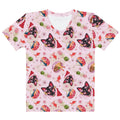 Colorful Matsuri T-shirt featuring dango, blossoms, and goldfish motifs, perfect for spring and summer outfits.