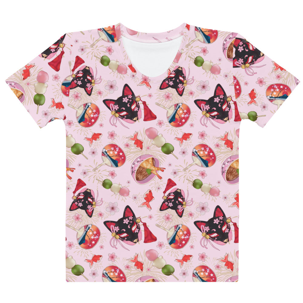 Colorful Matsuri T-shirt featuring dango, blossoms, and goldfish motifs, perfect for spring and summer outfits.