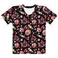 Colorful Matsuri T-shirt featuring dango, pink blossoms, and goldfish motifs, perfect for spring and summer outfits.